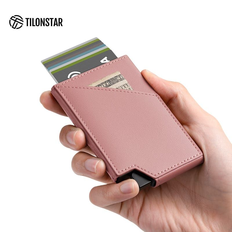 Pink - Leather RFID Blocking Metal Pop Up Card Holder