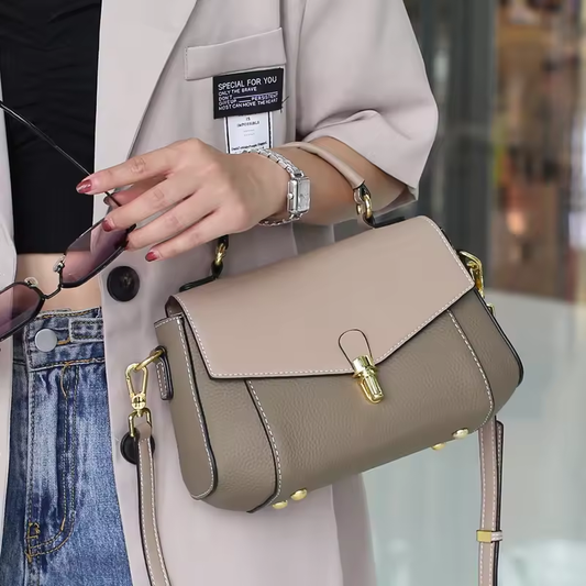 Small Genuine Leather Shoulder Handbag for Women - Khaki
