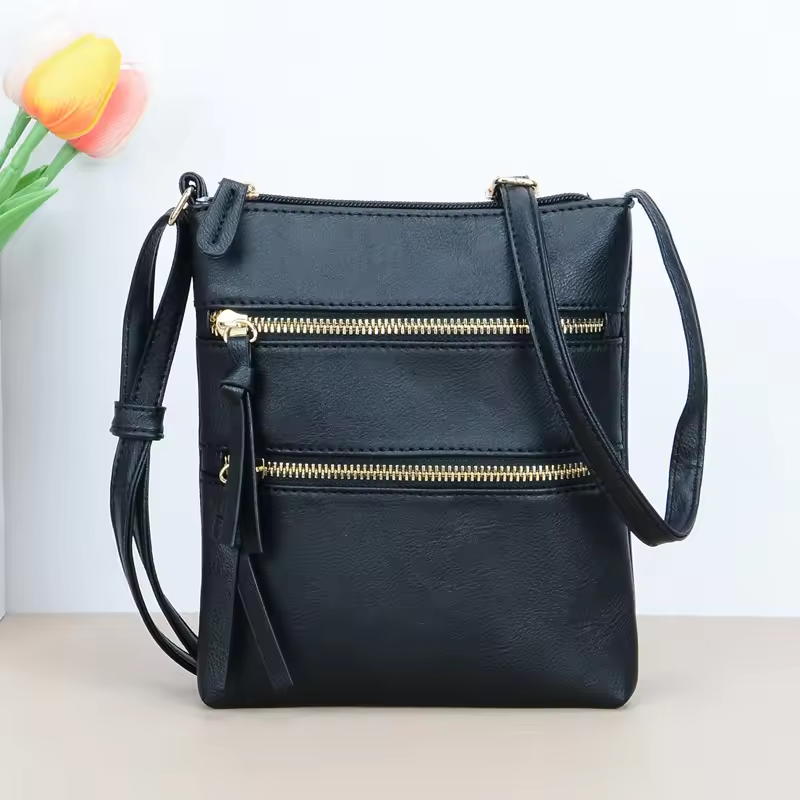 Women's Small PU Leather Sling Messenger Bag - Black
