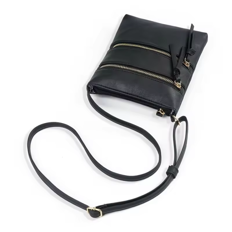 Women's Small PU Leather Sling Messenger Bag - Black