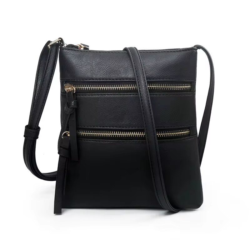 Women's Small PU Leather Sling Messenger Bag - Black