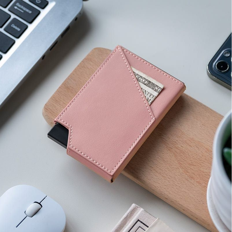 Pink - Leather RFID Blocking Metal Pop Up Card Holder