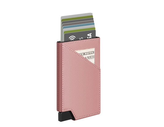Pink - Leather RFID Blocking Metal Pop Up Card Holder