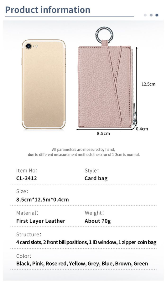 Slim Genuine Leather ID Card Bag Mini Coin Purse Card Holder- Rose Pink